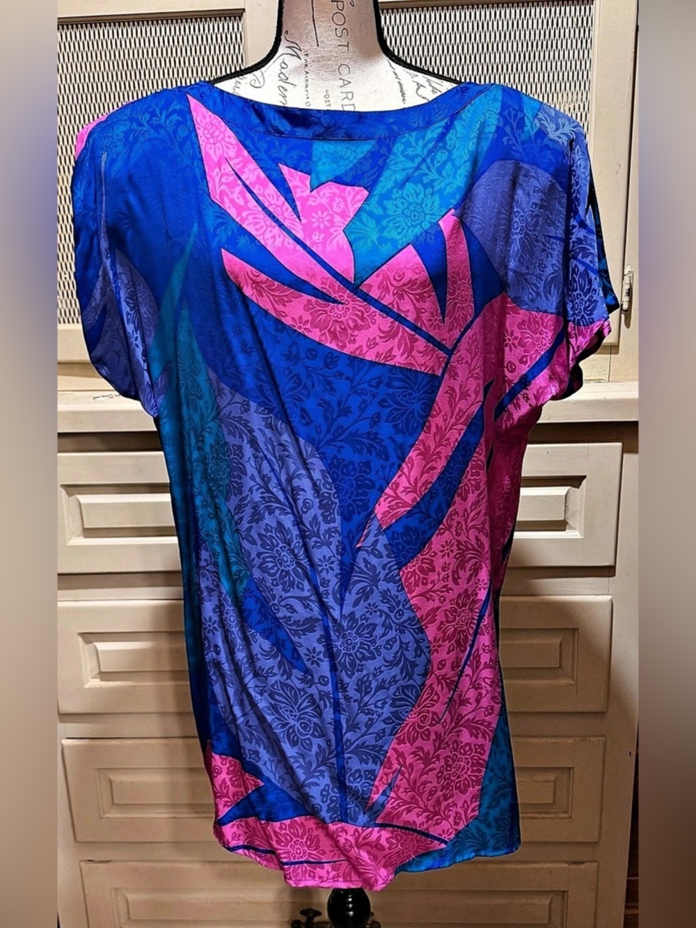 Vintage Flora Kung Silk Jacquard Tunic Blouse Dress 10 Blue Neon Pink Leaf